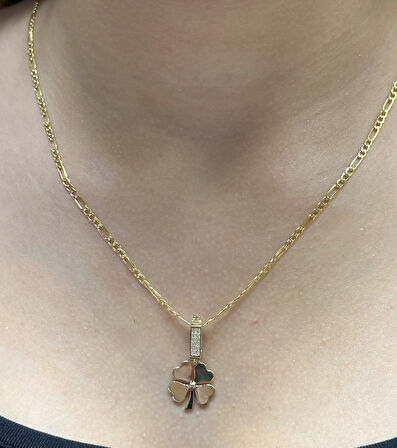 14 Ayar Altın Yonca Kolye Uçlu Figaro Zincir