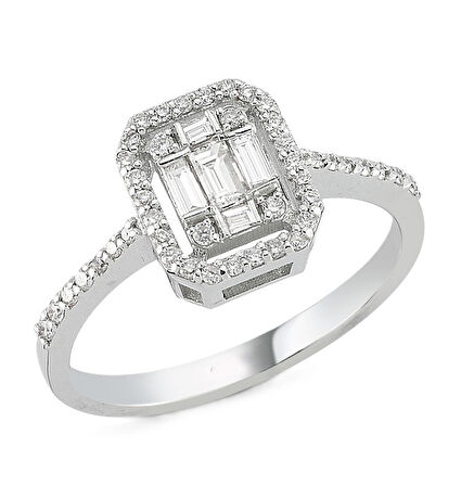  14 Ayar Beyaz Altın Baget Taşlı Yüzük