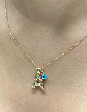  14 Ayar Altın Nazar Boncuklu A Harfli Zincir