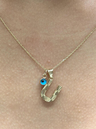 14 Ayar Altın Nazar Boncuklu U Harfli Zincir