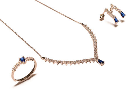  14 Ayar Altın Mavi Taşlı Damla Model Su Yolu Düğün-Nişan Seti