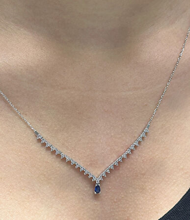  14 Ayar Altın Mavi Taşlı Damla Model Su Yolu Düğün-Nişan Seti