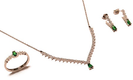  14 Ayar Altın Yeşil Taşlı Damla Model Su Yolu Düğün-Nişan Seti