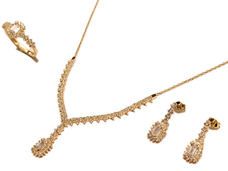  14 Ayar Altın Kare Baget Taşlı Su Yolu Düğün-Nişan Seti