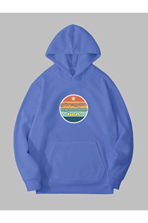 3 İplik Günaydın Baskılı Mavi Kanguru Cepli Kapüşonlu Sweatshirt Hoodie | S