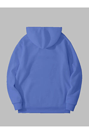 3 İplik Günaydın Baskılı Mavi Kanguru Cepli Kapüşonlu Sweatshirt Hoodie | S