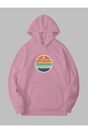 Günaydın Baskılı Unisex Pembe Kanguru Cepli Kapüşonlu Sweatshirt Hoodie | XL