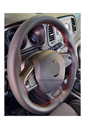 Renault Megane 4 Uyumlu Dikmeli Deri Direksiyon Kılıfı Siyah Deri Kırmızı Ipli (38×11CM)