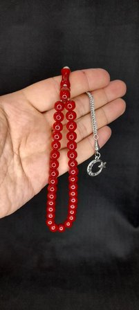 SEVGİLİYE ÖZEL HEDİYE ÇUBUK KEHRİBAR TESBİH KIRMIZI RENK KÜRE KESİM H-1435.