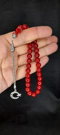 SEVGİLİYE ÖZEL HEDİYE ÇUBUK KEHRİBAR TESBİH KIRMIZI RENK KÜRE KESİM H-1435.