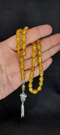 SEVGİLİYE ÖZEL HEDİYE ALTIN VARAKLI UÇAK CAMI TESBİH SARI RENKLİ KAPSÜL KESİM H-1445.