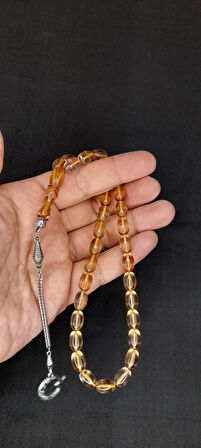 SEVGİLİYE ÖZEL HEDİYE ATEŞ KEHRİBAR TESBİH BEYZİ KESİM ŞEFFAF/SARI H-1453.