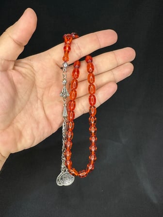 SEVGİLİYE ÖZEL HEDİYE TOZ KEHRİBAR TESBİH TURUNCU RENKLİ BEYZİ KESİM 11MMX8MM H-1568.
