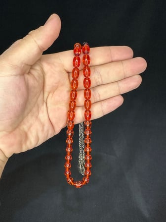 SEVGİLİYE ÖZEL HEDİYE TOZ KEHRİBAR TESBİH TURUNCU RENKLİ BEYZİ KESİM 11MMX8MM H-1568.