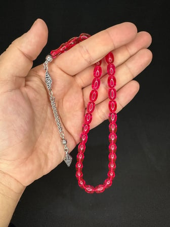 SEVGİLİYE ÖZEL HEDİYE TOZ KEHRİBAR TESBİH PEMBE RENKLİ KAPSÜL KESİM 11MMX8MM H-1572.
