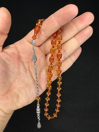 SEVGİLİYE ÖZEL HEDİYE ATEŞ KEHRİBAR TESBİH BAL RENKLİ ARPA KESİM 11MMX7MM H-1643.