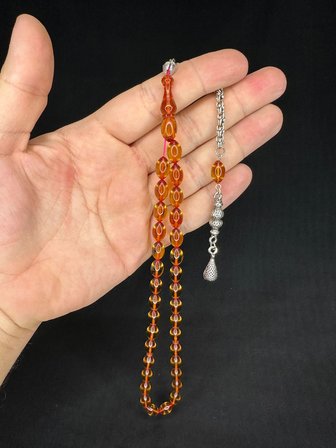 SEVGİLİYE ÖZEL HEDİYE ATEŞ KEHRİBAR TESBİH BAL RENKLİ ARPA KESİM 11MMX7MM H-1643.