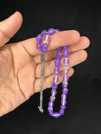 SEVGİLİYE ÖZEL HEDİYE TOZ KEHRİBAR TESBİH MOR RENKLİ BEYZİ KESİM 11MMX7,5MM H-1667.