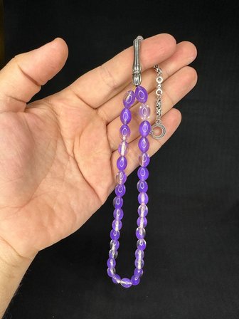 SEVGİLİYE ÖZEL HEDİYE TOZ KEHRİBAR TESBİH MOR RENKLİ BEYZİ KESİM 11MMX7,5MM H-1667.
