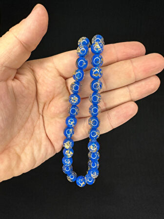 SEVGİLİYE ÖZEL HEDİYE ALTIN VARAKLI UÇAK CAMI TESBİH KÜRE KESİM 10MM MAVİ RENKLİ H-1685.
