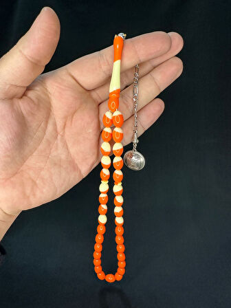 SEVGİLİYE ÖZEL HEDİYE TURUNCU BİLARDO TOPU BENZETME TOZ KEHRİBAR TESBİH BEYZİ KESİM 12X8MM H-1698.