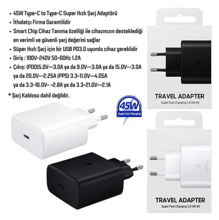 Samsung Galaxy Tab S9 FE Plus Uyumlu 45W Type-C to Type-C Super Hızlı Şarj Cihazı / Şarj Aleti Adaptör 
