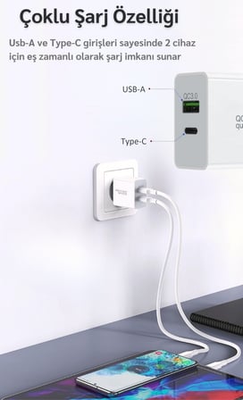Lenovo ZUK Z1 Uyumlu 25W Ultra Hızlı Çoklu Şarj Cihazı Adaptör Qualcomm3.0 + PD - İthalatçı Garantili