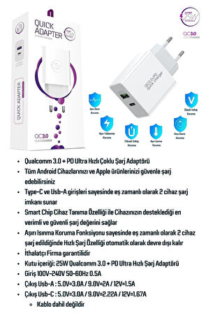 Samsung Galaxy M34 5G Uyumlu 25W Ultra Hızlı Çoklu Şarj Cihazı Adaptör Qualcomm3.0 + PD - İthalatçı Garantili