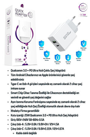 Samsung Galaxy A56 Uyumlu 25W Ultra Hızlı Çoklu Şarj Cihazı Adaptör Qualcomm3.0 + PD - İthalatçı Garantili