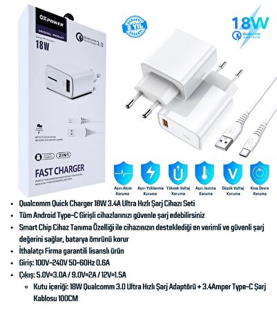 Samsung Galaxy M15 Uyumlu 18W 3.4A Type-C Ultra Hızlı Şarj Cihazı / Şarj Aleti Seti (Adaptör+Kablo) 