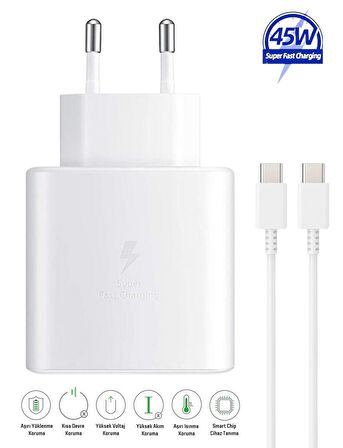Samsung Galaxy S20 FE Uyumlu 45W Type-C to Type-C Super Hızlı Şarj Cihazı / Şarj Aleti Seti 