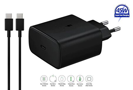 Samsung Galaxy S24 Plus Uyumlu 45W Type-C to Type-C Super Hızlı Şarj Cihazı / Şarj Aleti Seti 