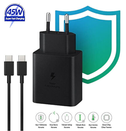Samsung Galaxy S25 Plus Uyumlu 45W Type-C to Type-C Super Hızlı Şarj Cihazı / Şarj Aleti Seti - İthalatçı Garantili