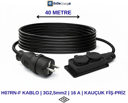 EvDeCharge H07RN-F Uzatma Kablosu | 3×2,5 Mm² | 16A | 2'li Priz | Elektrikli Araç Şarjı için En Doğru Uzatma Kablosu