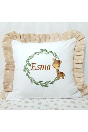 Nakışlı Kırlent Bebek İsimli 40x40 Cm İçi Dolgulu Fırfırlı Kırlent