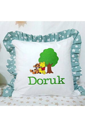 Nakışlı Kırlent Bebek İsimli 40x40 Cm İçi Dolgulu Fırfırlı Kırlent