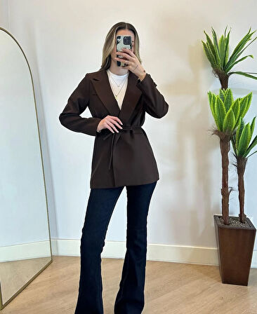 Kadın Kahverengi Bel Bağlamalı Blazer Ceket