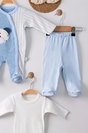 Ayıcık Nakışlı Tulumlu % 100 Pamuk Erkek Bebek 5'li Set