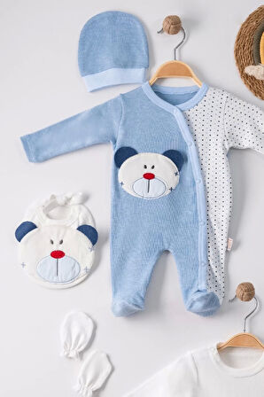 Ayıcık Nakışlı Tulumlu % 100 Pamuk Erkek Bebek 5'li Set