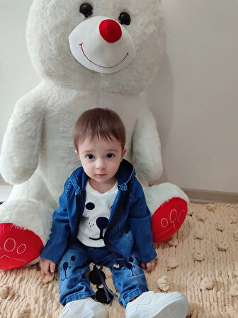 Kot Kumaş Kapşonlu Uzun Kol Sweatli Kot Kumaş 3lü Erkek Bebek Takımı Mavi