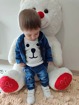 Kot Kumaş Kapşonlu Uzun Kol Sweatli Kot Kumaş 3lü Erkek Bebek Takımı Mavi