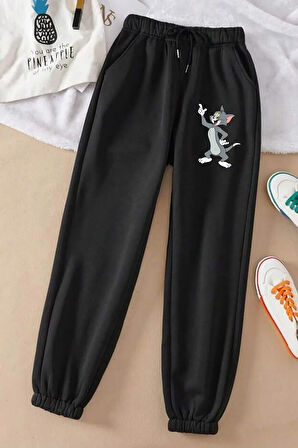 2'li Tom Ve Jery Eşofman Altı Jogger - Siyah Ve Gri Baskılı Lastik Paça Yüksek Bel