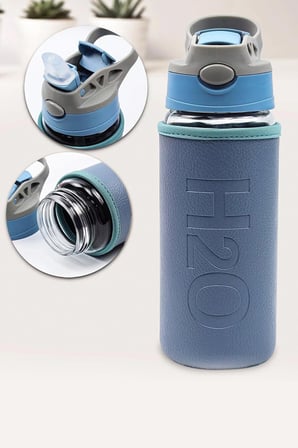 Deri Kılıflı Pipetli Cam Matara - 500 ml-H2O87152 Mavi