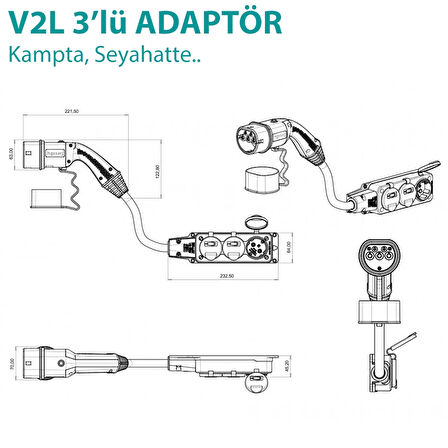Hgsşarj Byd, V2L Adaptör 3'lü Priz, Elektrikli Aracınıza 220V Ev Tipi Priz, Kampta-Seyahatte