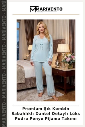 Premium Şık Kombin Sabahlıklı Dantel Detaylı Lüks Pudra Penye Pijama Takımı