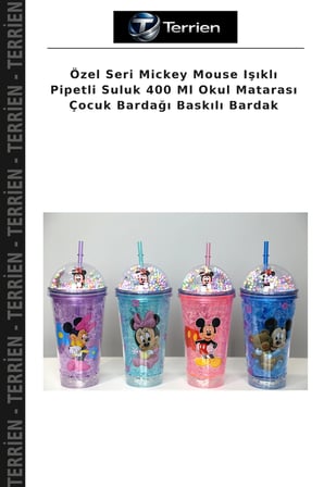 Özel Seri Mickey Mouse Işıklı Pipetli Suluk 400 Ml Okul Matarası Çocuk Bardağı Baskılı Bardak