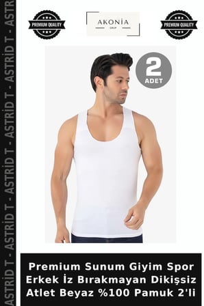 Premium Sunum Giyim Spor Erkek İz Bırakmayan Dikişsiz Atlet Beyaz %100 Pamuk 2'li