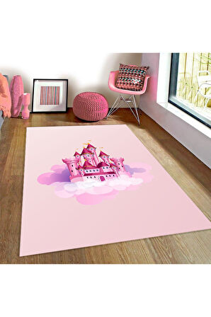 Pembe Pvc Deri Kaymaz Taban Şato Kız Çocuk Saçaksız Halı H7203