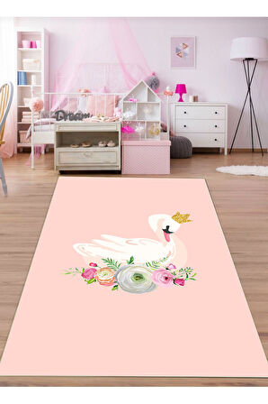 Pembe Pvc Deri Kaymaz Taban Taçlı Kuğu Kız Çocuk Saçaksız Halı H7206