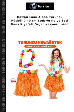 Hawaii Luau Aloha Turuncu Püsküllü 40 cm Etek ve Kolye Seti Dans Kıyafeti Organizasyon Ürünü